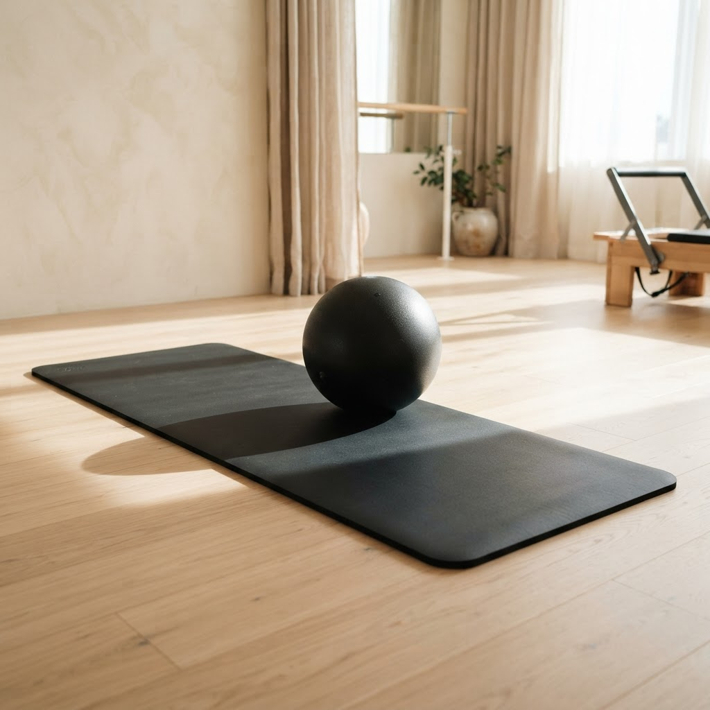 Sunlit Pilates mat setup with a rolled sage mat and eucalyptus