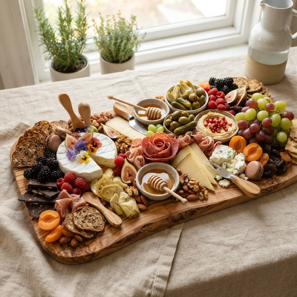 Artisanal grazing board with fruit, nuts, cheeses and delicate bites