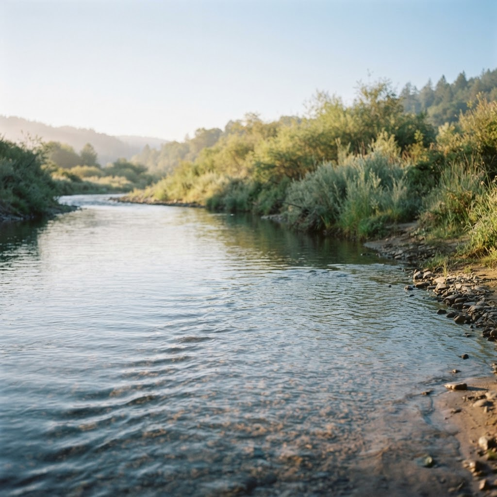 Sunlight rippling across calm flowing river water