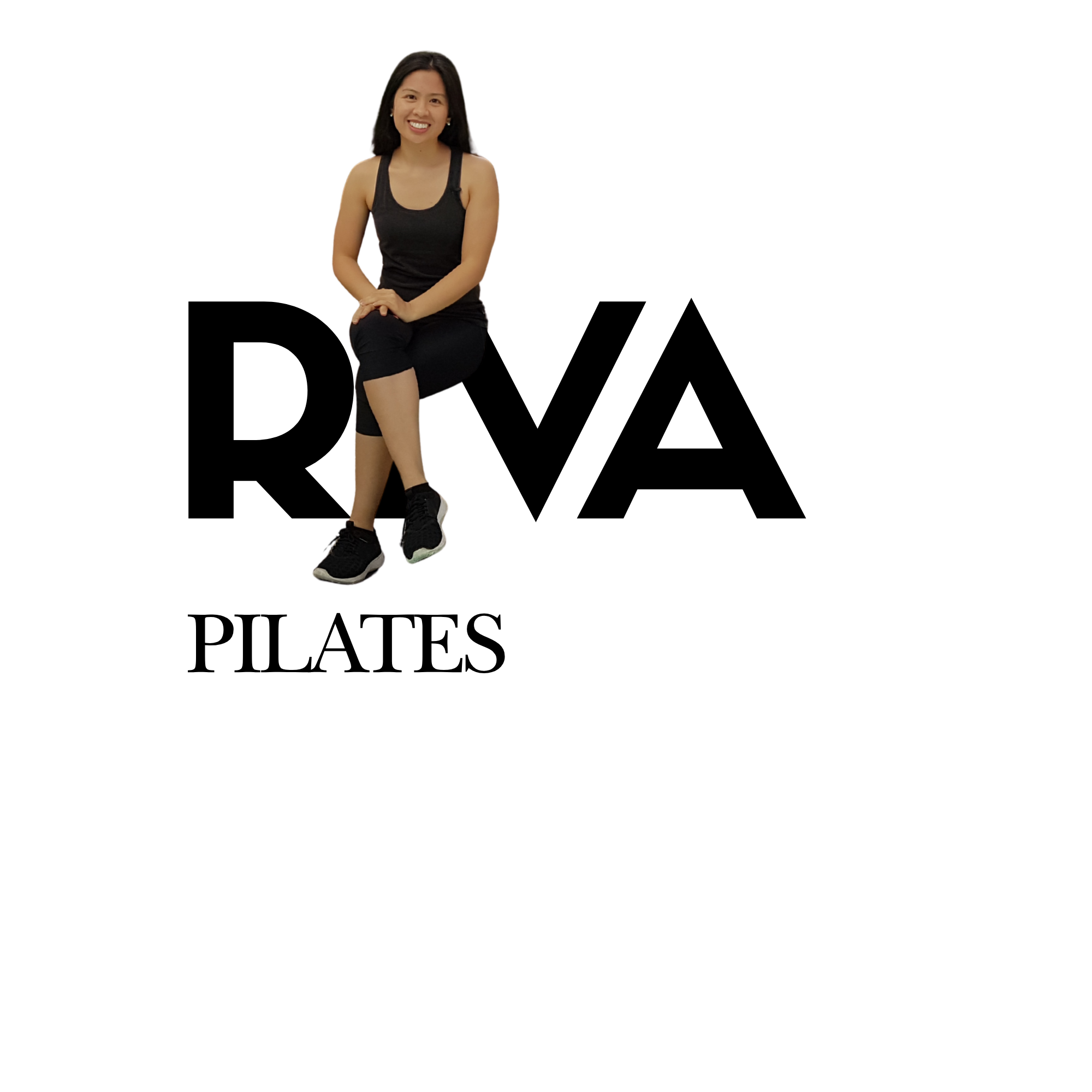 Rhea seated on the RIVA Pilates wordmark