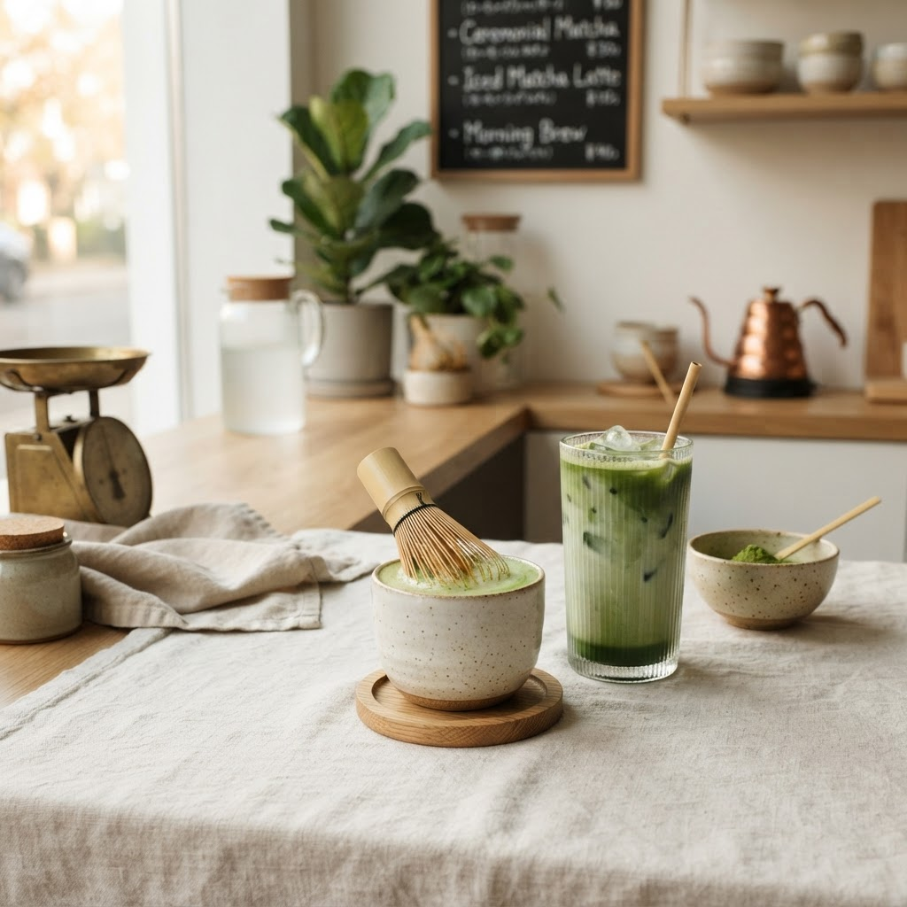 Ceremonial matcha bar with iced and warm matcha lattes