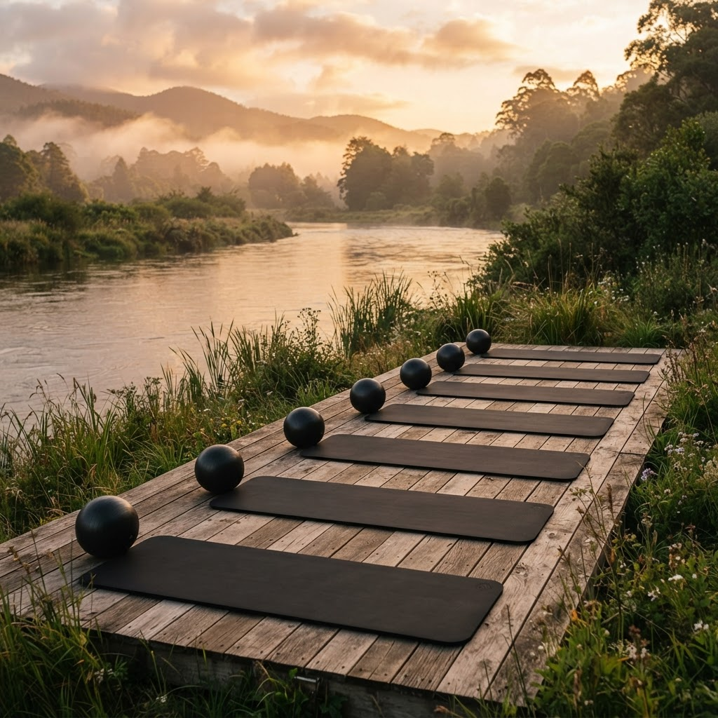 Serene riverside retreat setting at golden hour with mats on a wooden deck